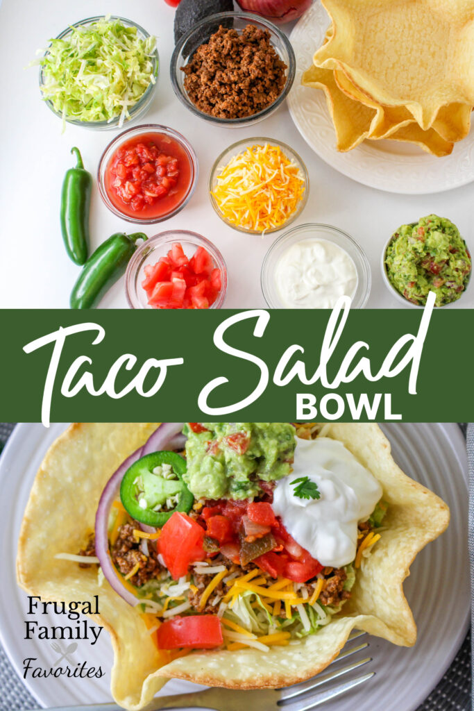 Delicious Beef Taco Bowls in a tortilla shell are a family pleasing dinner.