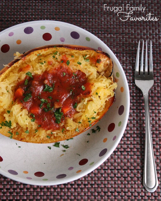 Delicious and so nutritious. Perfect for the low carb diet. Spaghetti squash with a hearty vegetarian spaghetti sauce.